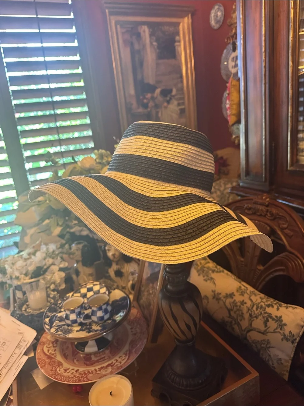 NWT LOFT Black & Natural Striped Floppy Straw Sun Hat